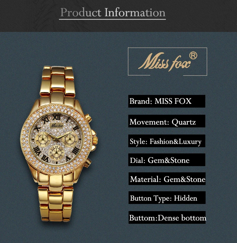 MISSFOX Women's Watch Shockproof Waterproof Luxury Ladies Metal Watch bracelets Rhinestone