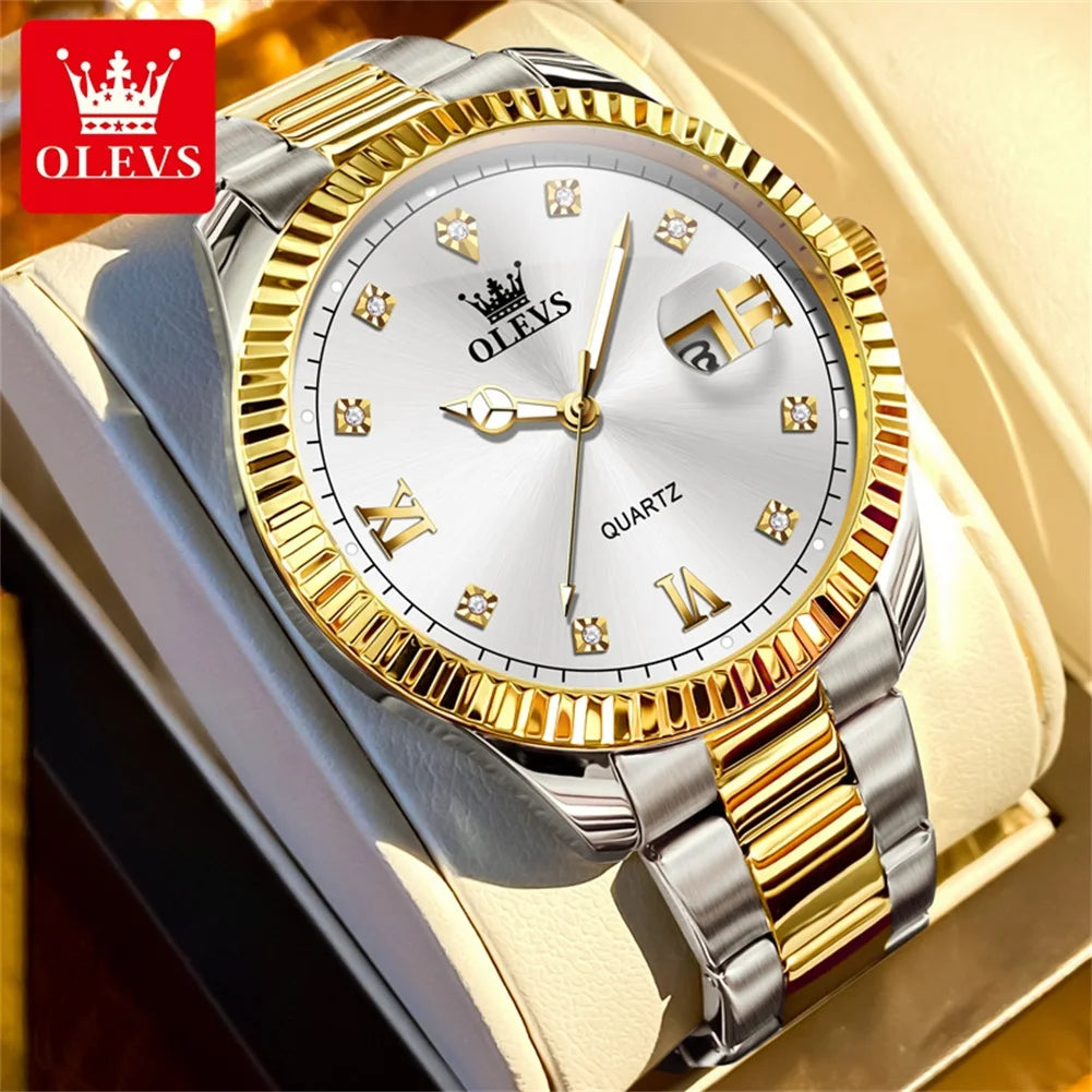 OLEVS 3623 Men's Waterproof Luminous Stainless steel Gold Watches Business Luxury Diamond Roman Scale