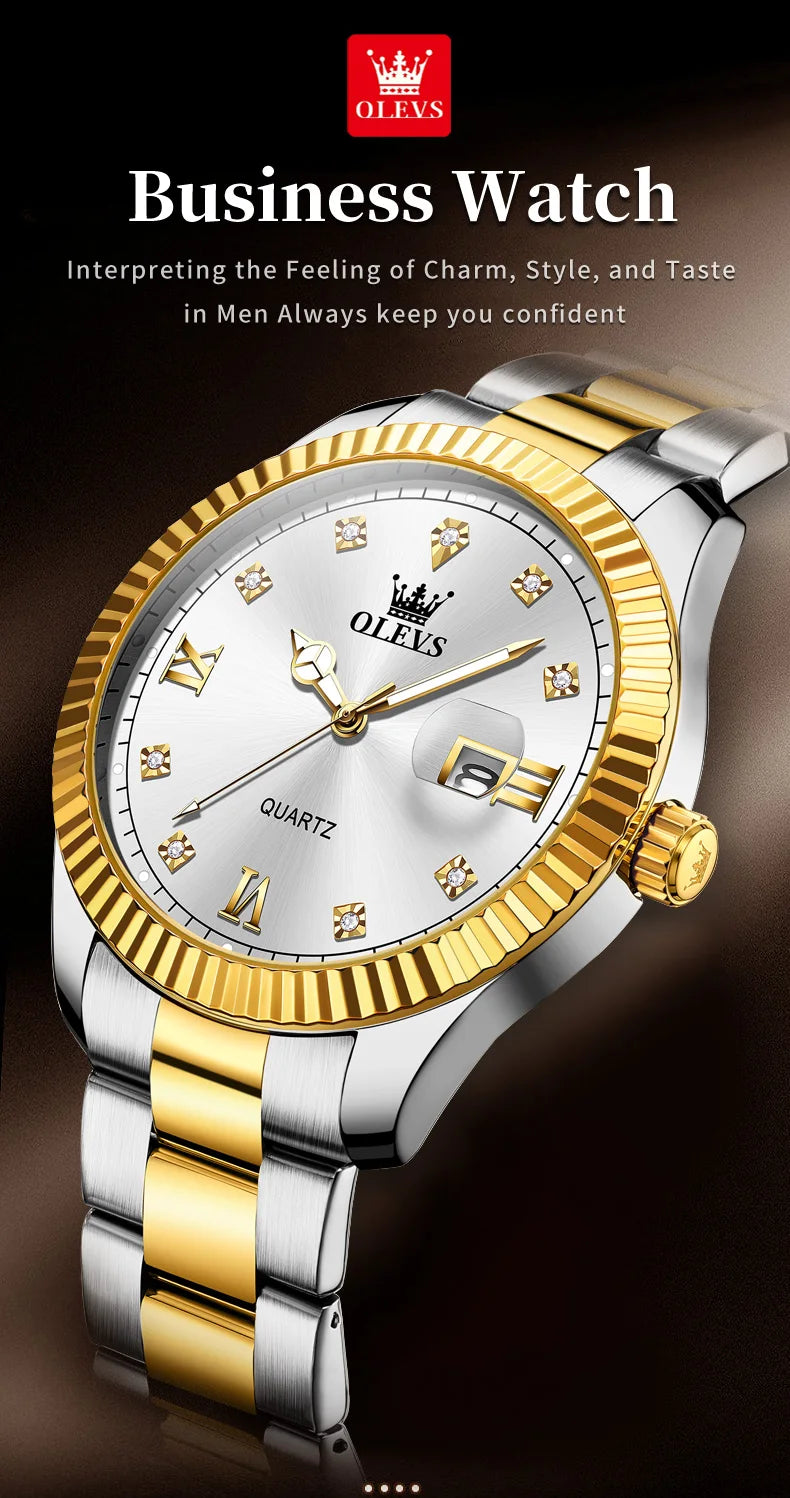 OLEVS 3623 Men's Waterproof Luminous Stainless steel Gold Watches Business Luxury Diamond Roman Scale