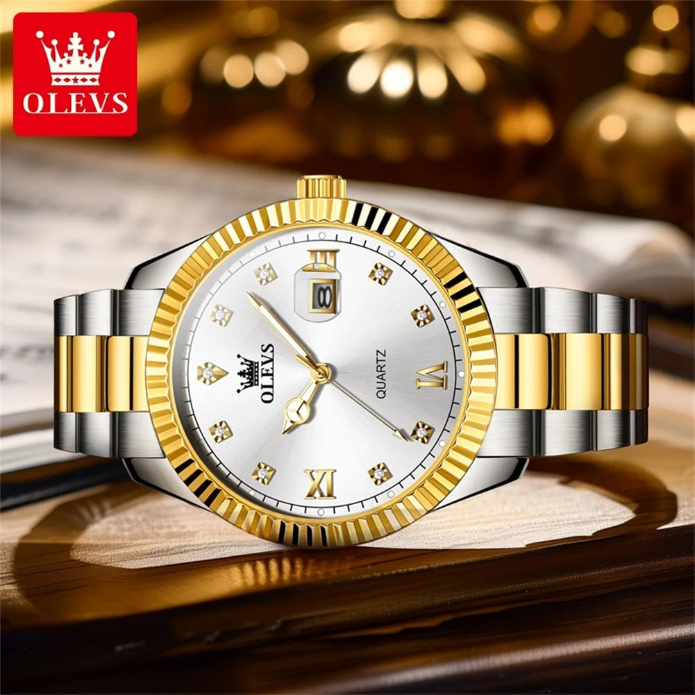 OLEVS 3623 Men's Waterproof Luminous Stainless steel Gold Watches Business Luxury Diamond Roman Scale