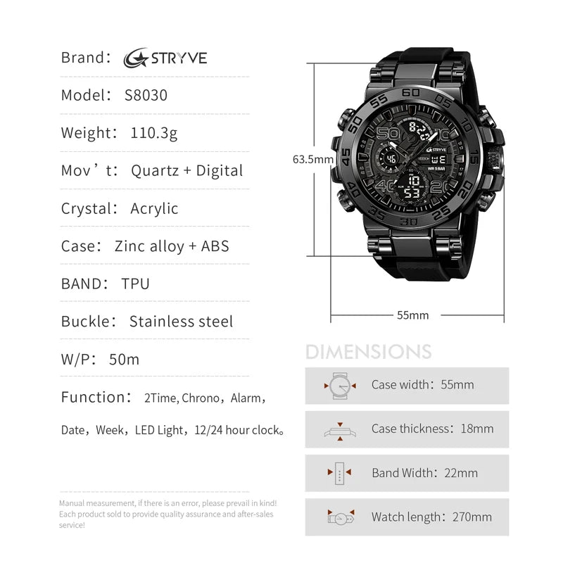 STRYVE Men watch Sport Waterproof Stopwatch Digital Analog Electronic