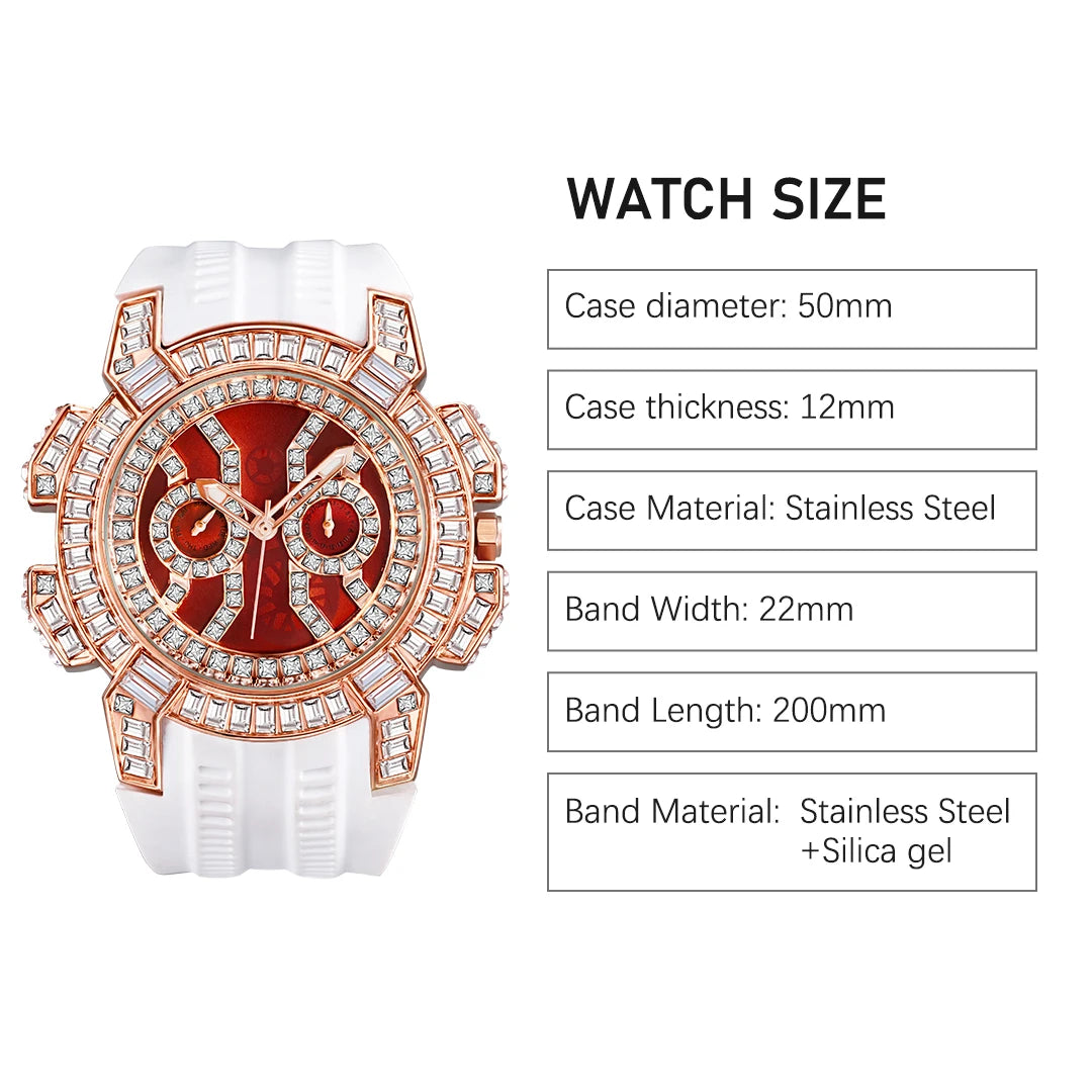 MISSFOX New Red Quartz Watch For Men Luxury Waterproof Diamond Men's Wristwatches