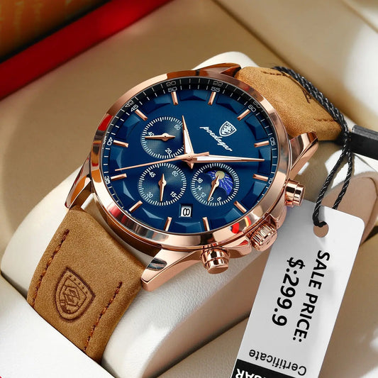 POEDAGAR Men Quartz Watch Luxury Sports Waterproof Chronograph Luminous Business Leather