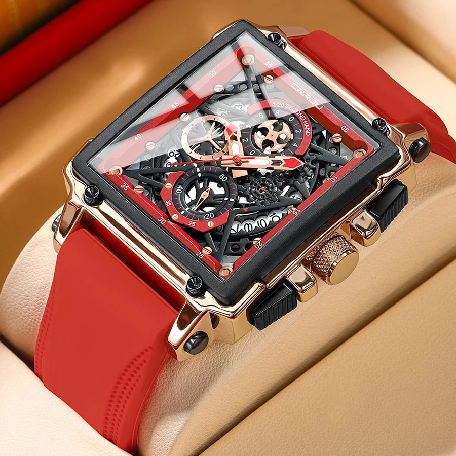 Fashion Sports Watches with Large Dial Unique Rectangular Hollow Design Quartz Wristwatches with Chronograph Auto Date