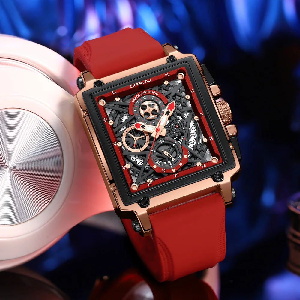 Fashion Sports Watches with Large Dial Unique Rectangular Hollow Design Quartz Wristwatches with Chronograph Auto Date