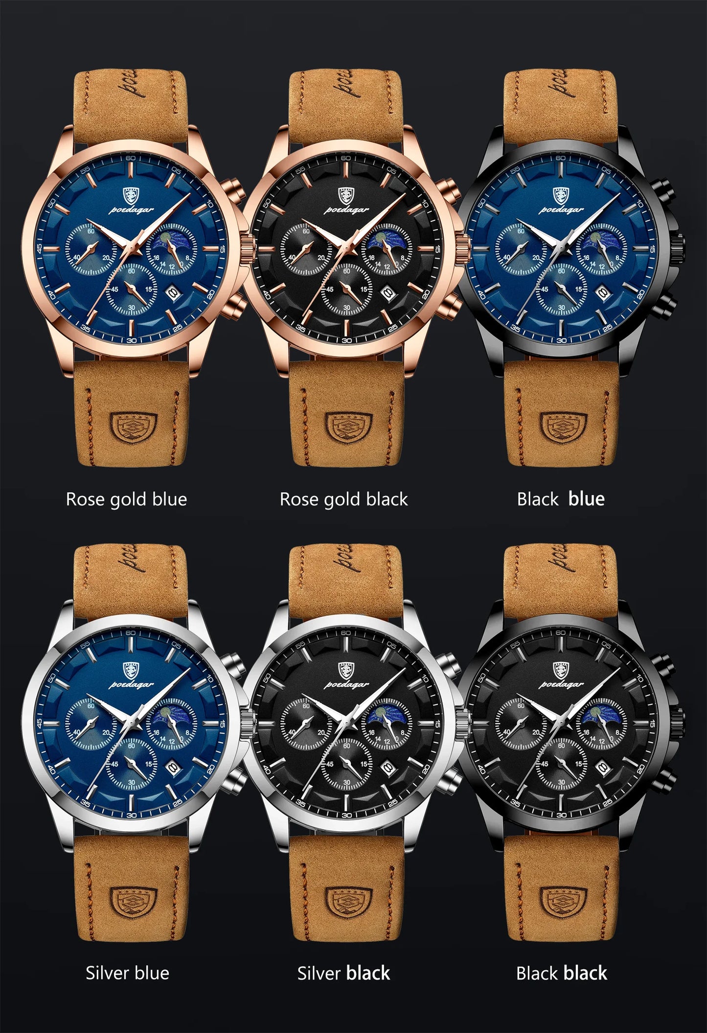 POEDAGAR Men Quartz Watch Luxury Sports Waterproof Chronograph Luminous Business Leather