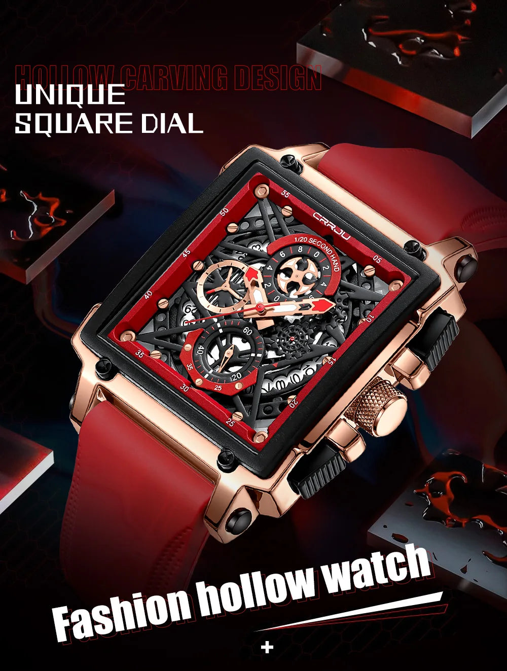 Fashion Sports Watches with Large Dial Unique Rectangular Hollow Design Quartz Wristwatches with Chronograph Auto Date