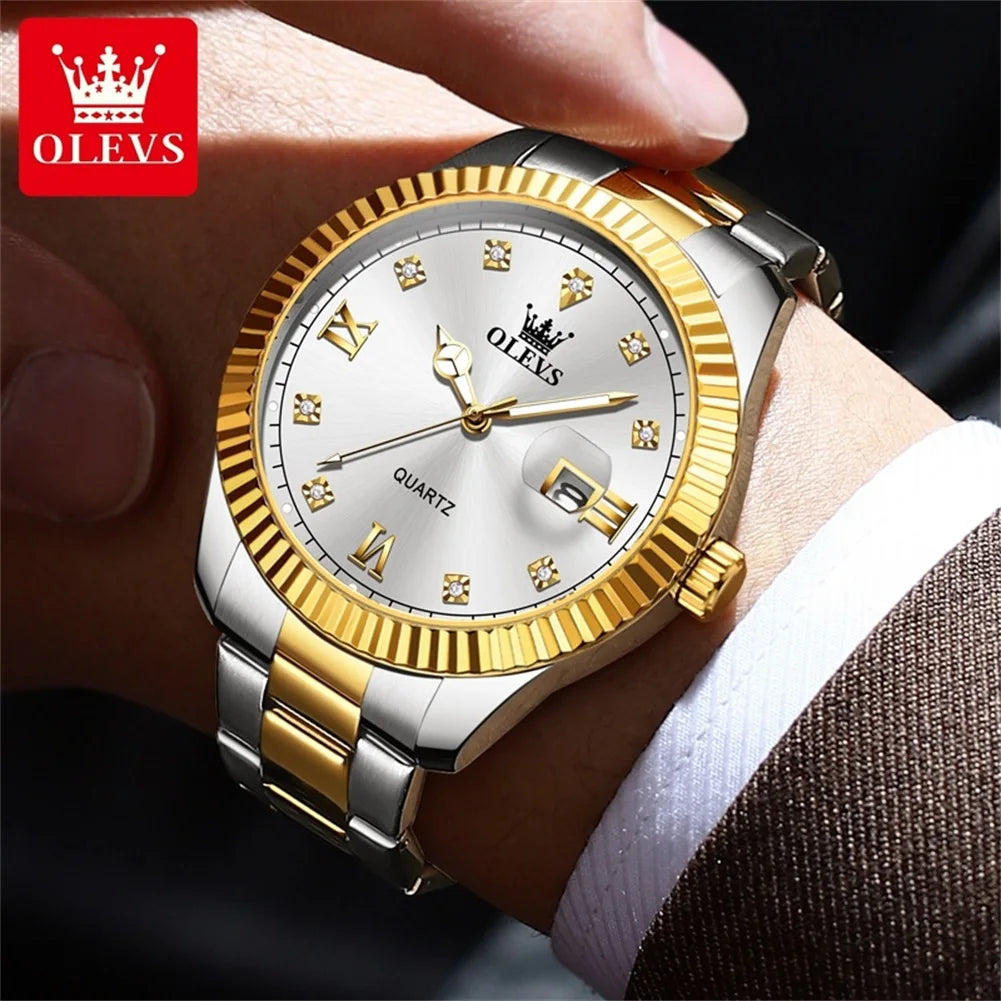 OLEVS 3623 Men's Waterproof Luminous Stainless steel Gold Watches Business Luxury Diamond Roman Scale