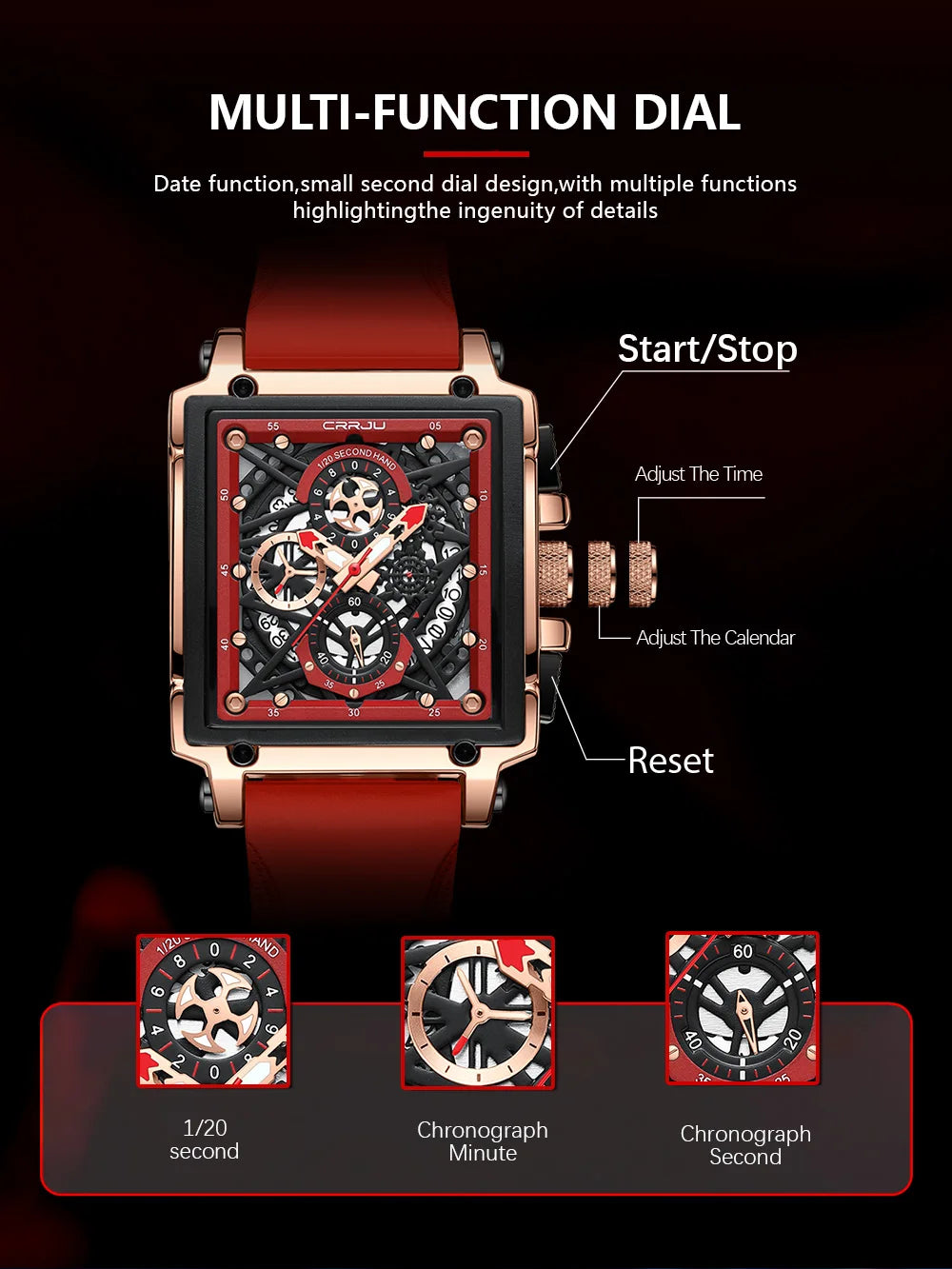 Fashion Sports Watches with Large Dial Unique Rectangular Hollow Design Quartz Wristwatches with Chronograph Auto Date