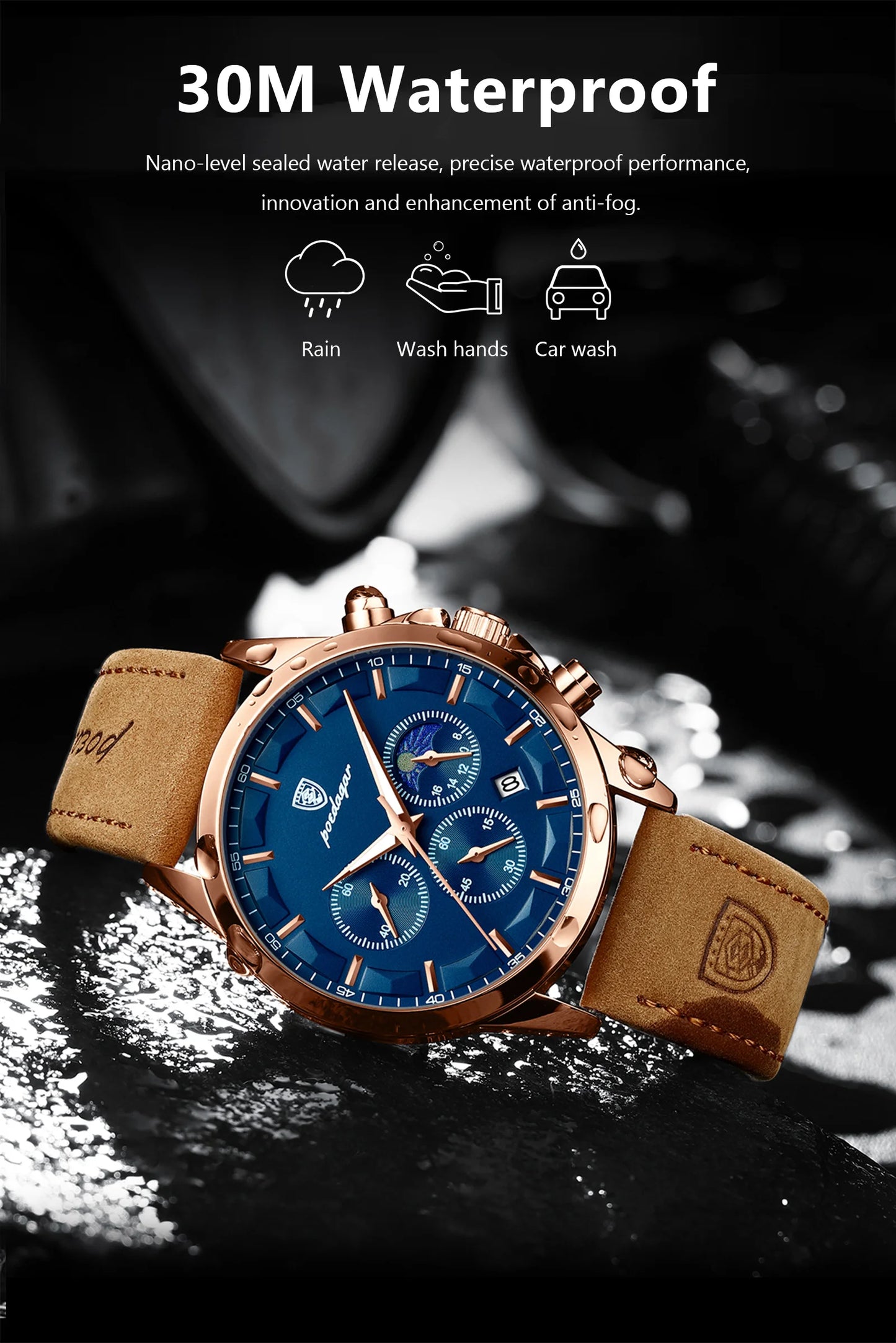 POEDAGAR Men Quartz Watch Luxury Sports Waterproof Chronograph Luminous Business Leather