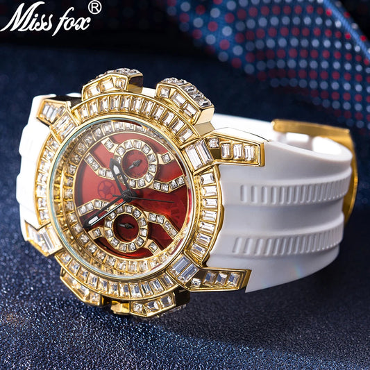 MISSFOX New Red Quartz Watch For Men Luxury Waterproof Diamond Men's Wristwatches