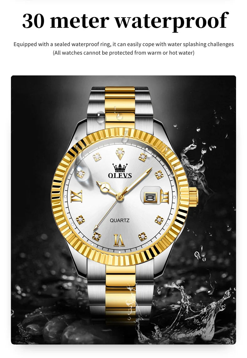 OLEVS 3623 Men's Waterproof Luminous Stainless steel Gold Watches Business Luxury Diamond Roman Scale