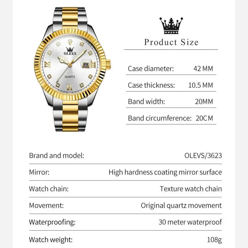 OLEVS 3623 Men's Waterproof Luminous Stainless steel Gold Watches Business Luxury Diamond Roman Scale