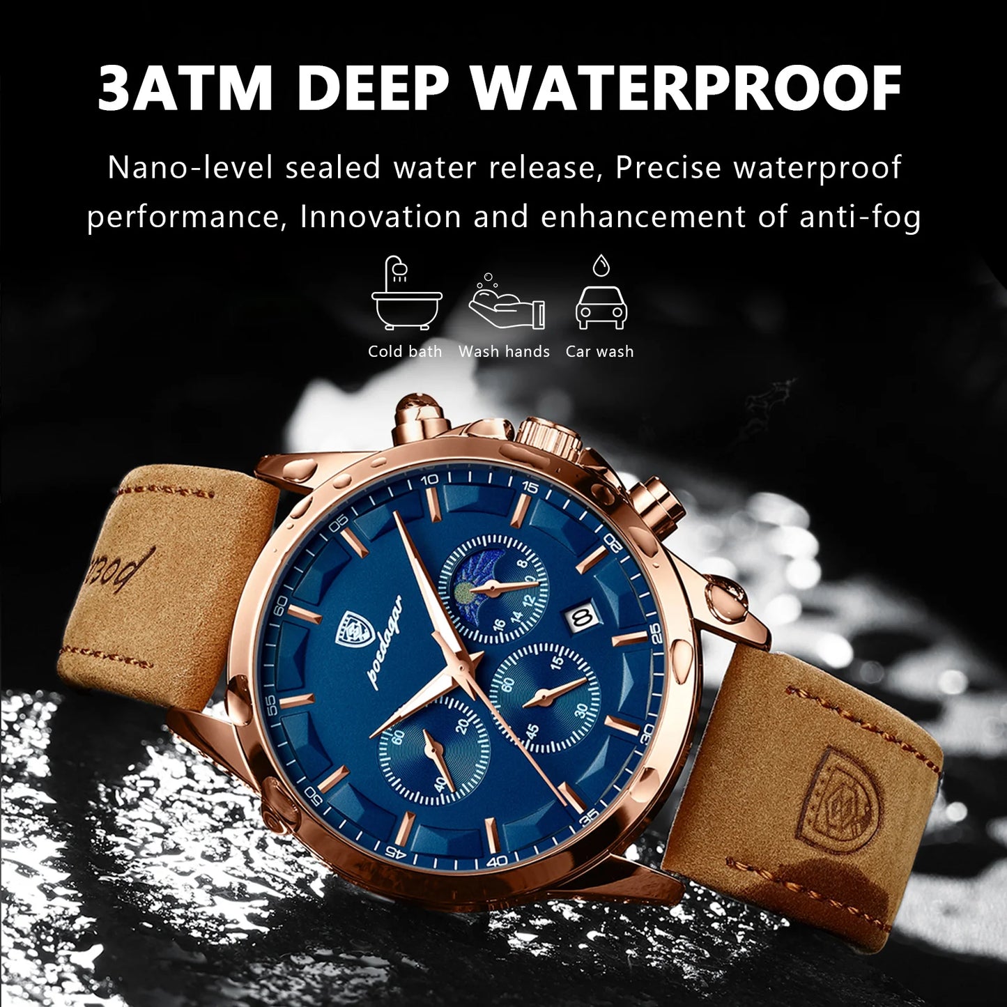 POEDAGAR Men Quartz Watch Luxury Sports Waterproof Chronograph Luminous Business Leather