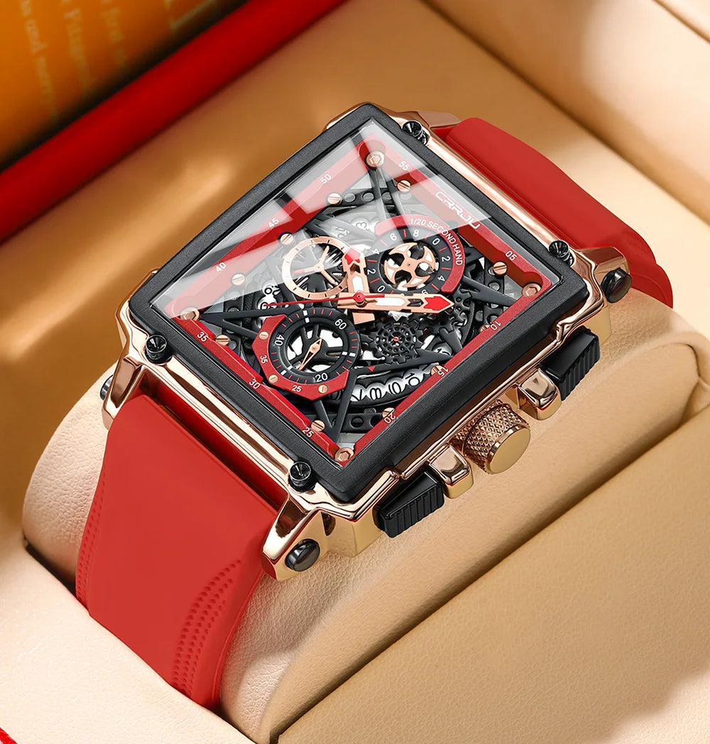 Fashion Sports Watches with Large Dial Unique Rectangular Hollow Design Quartz Wristwatches with Chronograph Auto Date