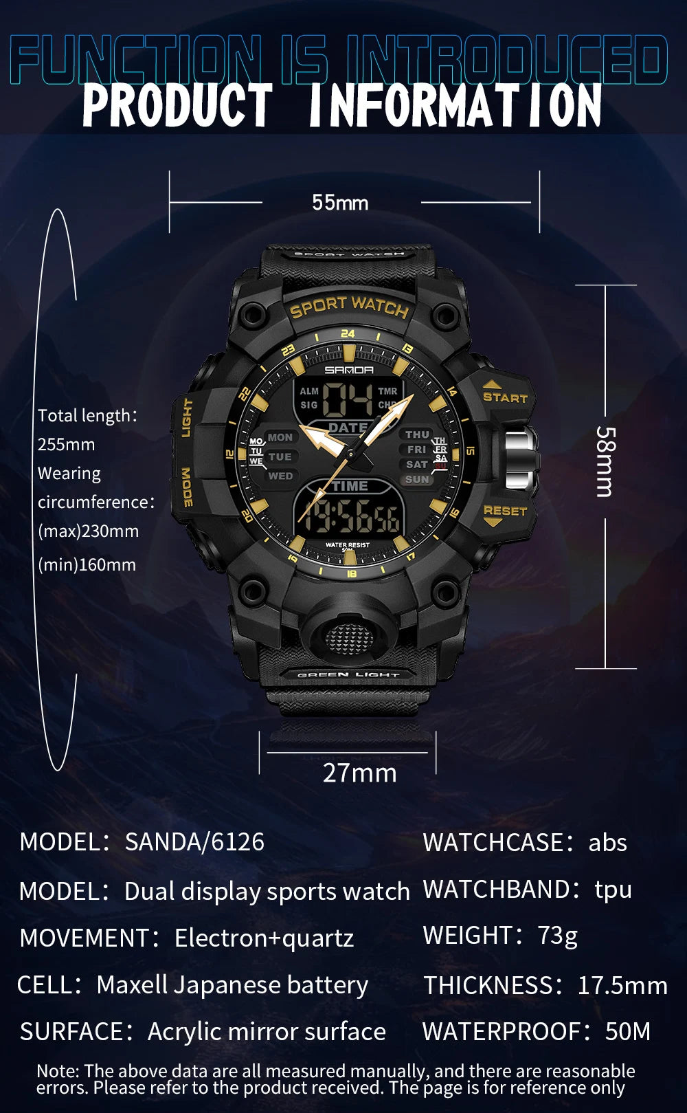 Dual Display Men Watches Waterproof Sports Watch Military Man Alarm Stopwatch Quartz Wristwatch Male Digital Clock